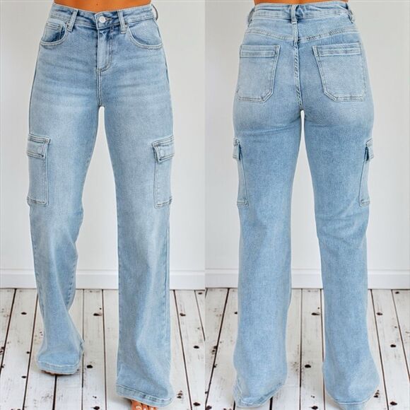 RISEN Retro Cargo High-Rise Slim Flare Tapered Acid Wash Denim Jeans Utility Pan - Picture 7 of 10